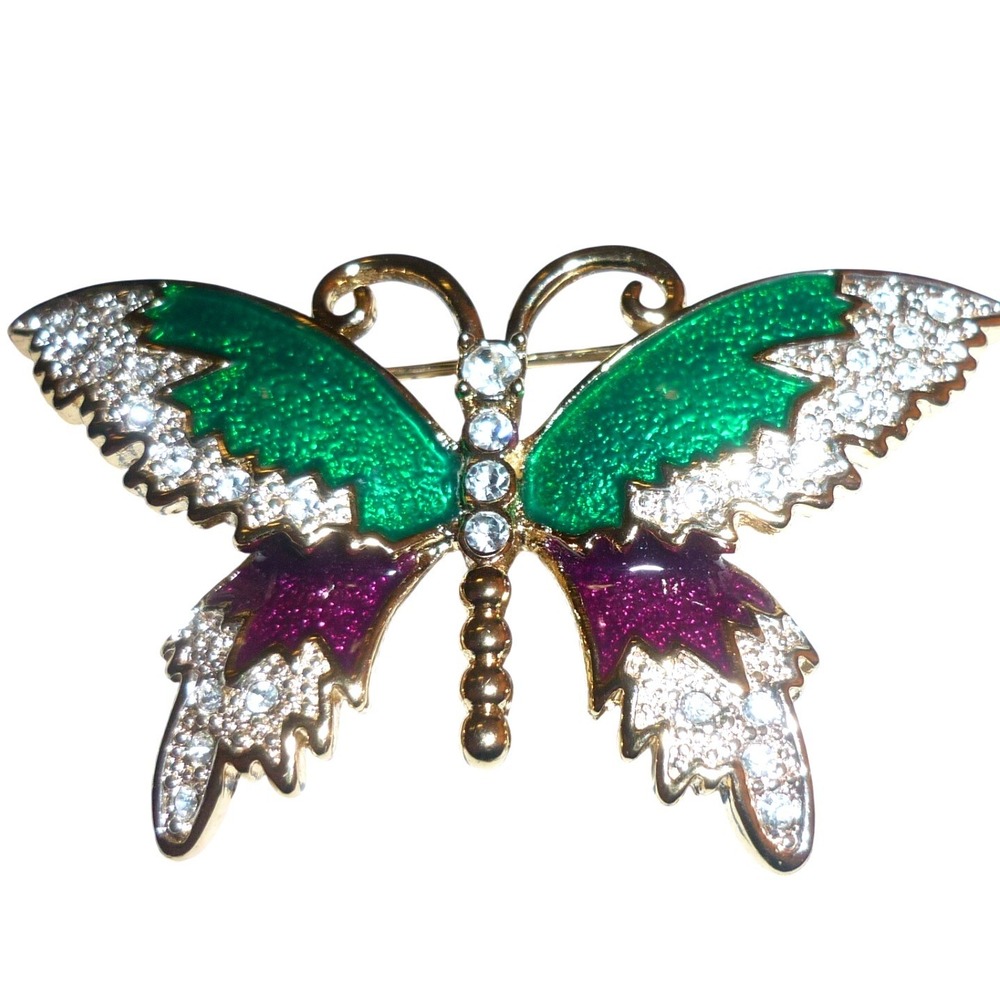 Vtg Jeweled Butterfly Brooch Enamel Rhinestone Purple Green Statement Pin